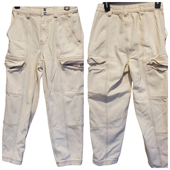 PACSUN Elastic Waist Cargo Ankle high rise pants Jeans Ivory skater S women's - Picture 1 of 10
